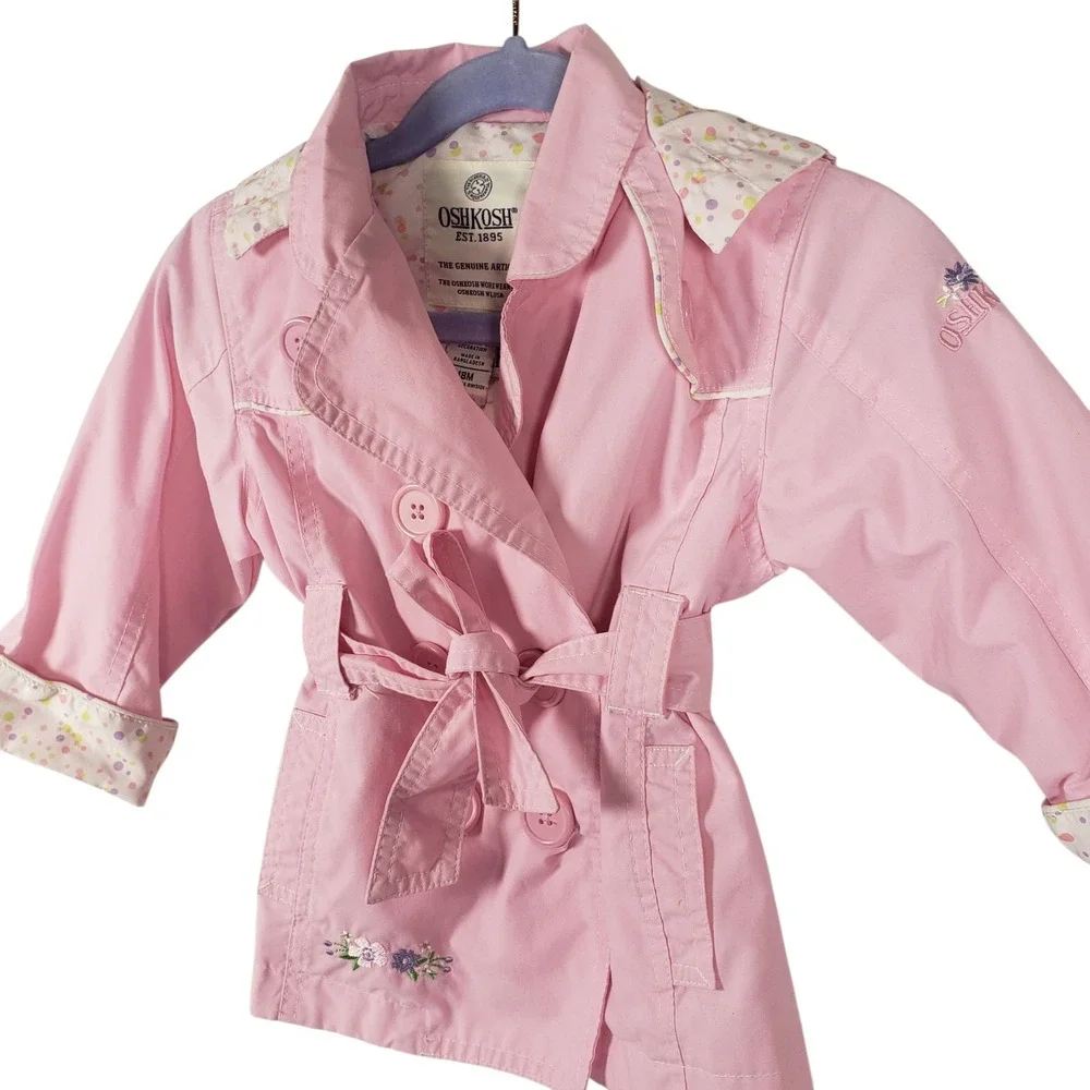 Vintage OshKosh Baby Girls Pink Trench Coat Floral‎ Embroidered Jacket 18 mths